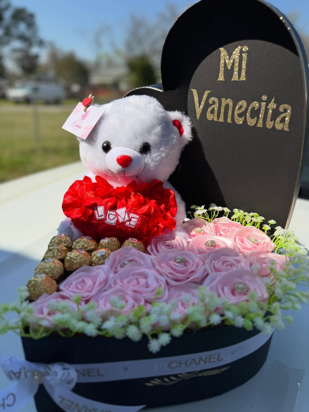 Heart box roses with a teddy bear